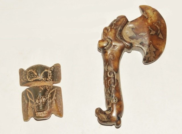 Pr. Chinese Carved Nephrite Hatchet & Serpent (1 of 5)