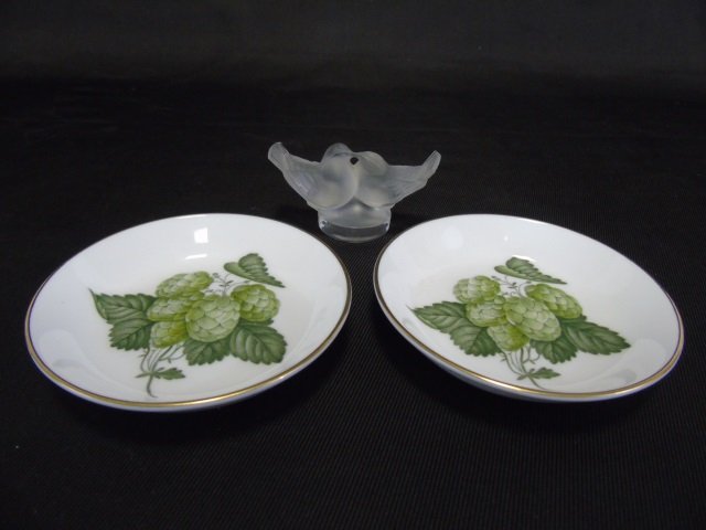 Table Articles - Lalique Doves & Royal Worcester: Three table items. Two Royal Worcester bone china small plates / ash trays. Mathon pattern. 4" diameter. Also Lalique crystal kissing doves. 2 3/4" W x 1 1/2" H.