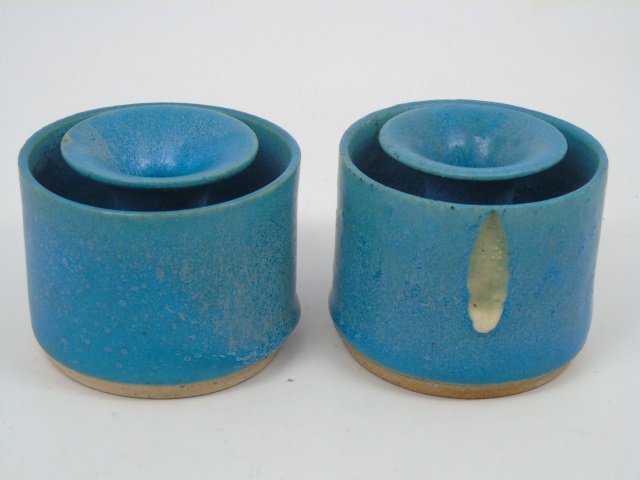 Bodil Marie Nielsen Denmark Pottery Candlesticks: Bodil Marie Nielsen Denmark Pottery Candlesticks. Robin Eggs blue color. Each measures under 3 inches in height.
