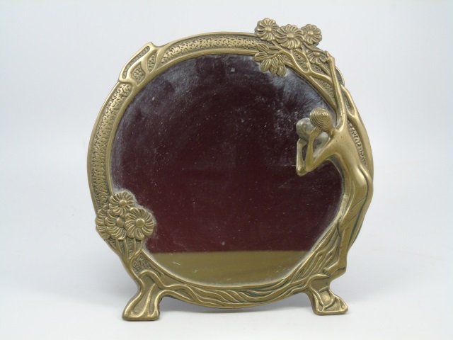 Art Nouveau Style Standing Brass Vanity Mirror: Art Nouveau Style Standing Brass Vanity Mirror. Nude and floral motif. 9 1/2" W x 10" H.