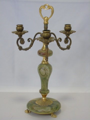 Antique Gilt Metal & Green Onyx 3 Arm Candelabra (1 of 4)