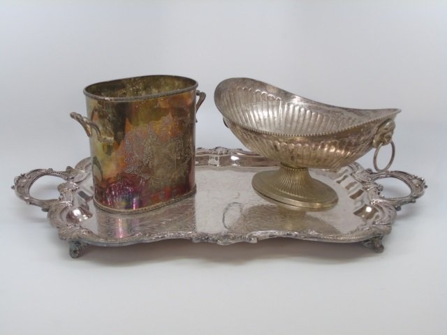 Lot of 3 Silver Plate Dining Table Items Tray Urn: Lot of 3 Silver Plate Dining Table Items, Tray, Urn and Wine Cooler. Tray measures 25" x 14"