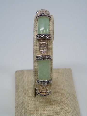 Chinese Soapstone Marcasite & Sterling Bracelet: Chinese Soapstone Marcasite & Sterling Bracelet. Chinese characters, soapstone and hallmarked 925. Measures 7.75 inches in length.
