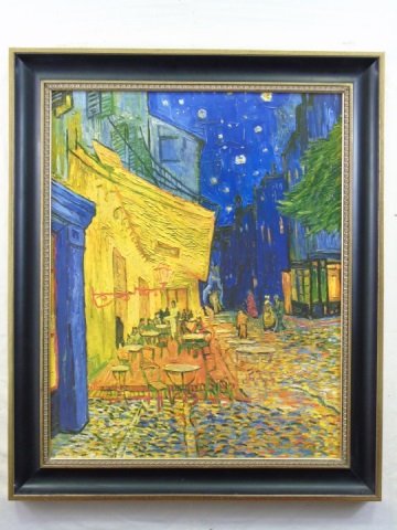 Vincent Van Gogh The Cafe "Brushstrokes" Painting: Vincent Van Gogh The Cafe "Brushstrokes" Painting. Certificate of authenticity on the back of frame. Professionally framed. Measures 38 by 32 inches.