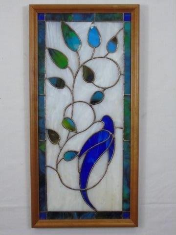 Framed Stained Glass Panel with Bird on Branch (1 of 2)