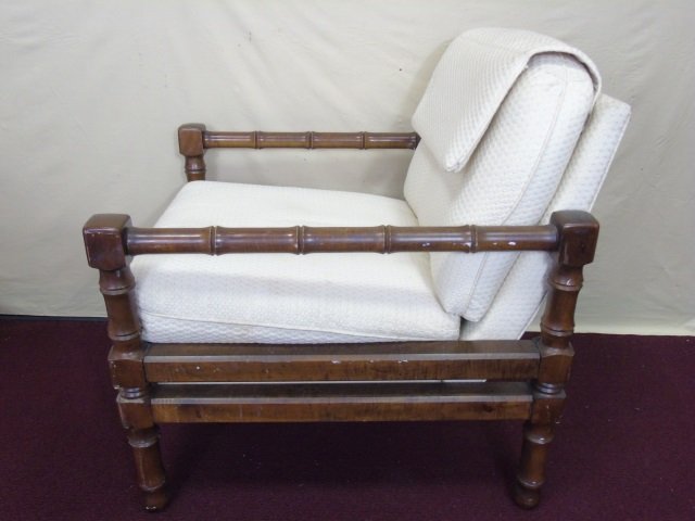 Wood Framed Occasional Arm Chair: Wood framed occasional arm chair. "Bamboo" legs and arms. Semi-attached back cushion with buttons. Loose seat cushion with buttons. Deck is fully upholstered. 27 1/4" W x 29" D x 29" H.