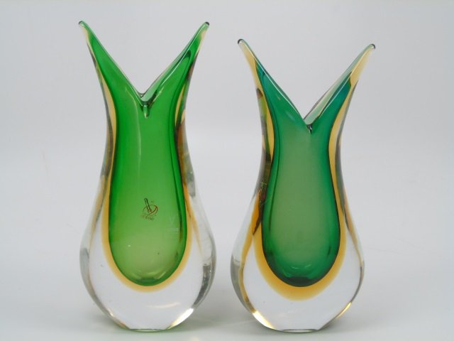 Pair Green Murano Glass Vases Formia Glass Work (1 of 6)