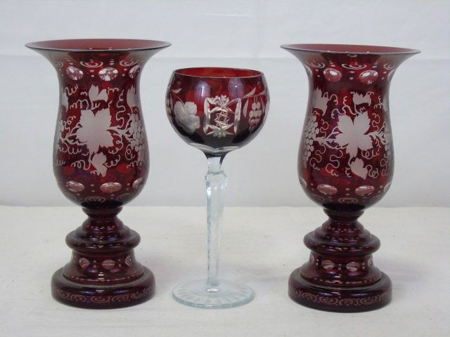 Etched Cranberry Glass Goblet & 2 Candle Holders (1 of 10)