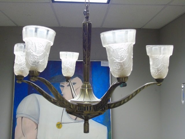 Period Art Deco Bronze Chandelier Frosted Shades (1 of 4)