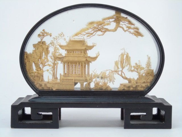 Vintage Chinese / Asian "San You" Diorama on Base: Vintage Chinese / Asian "San You" Carved Cork Diorama on Base. Cork model in dark wood case.
