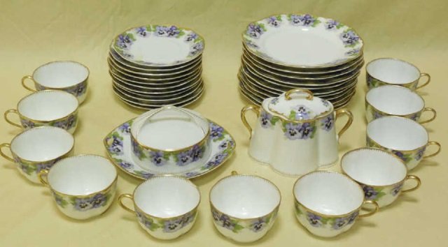 Vintage Bavarian Porcelain Dessert Coffee Service: Kronach Bavaria Chrysantheme Viktoria Luise dessert plates, cups & saucers, sugar bowl with lid, covered bowl. There are 11 of each; cups saucers and plates. (1) sugar bowl, (1) covered bowl. Measures
