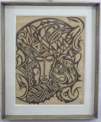 Rudolf von Huhn Framed Lino Block Print of a Lady (1 of 5)