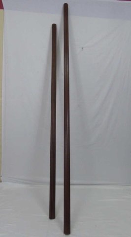 2 Fluted Wood Window Treatment Poles Mahogany: Two window treatment poles, fluted wood with mahogany finish. 2 1/4" diameter x 98" and 86" long.