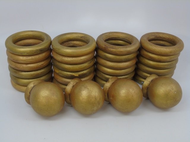 24 Window Treatment Wood Rings 4 Ball Finials: Window treatment wood rings and finials. Painted gold finish. 24 rings 4 1/4" diameter, inner diameter is 2 3/4". 4 ball finials (2 sets), 3 " W x 3 1/4" H.