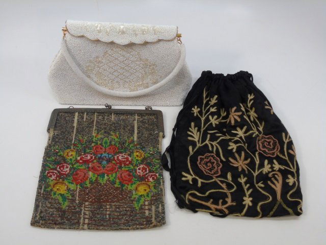 Collection of Three Antique & Vintage Purses: Collection of Three Antique & Vintage Purses / Hand Bags. Beaded and embroidered silk. White bag measures 10 by 6.5 inches.
