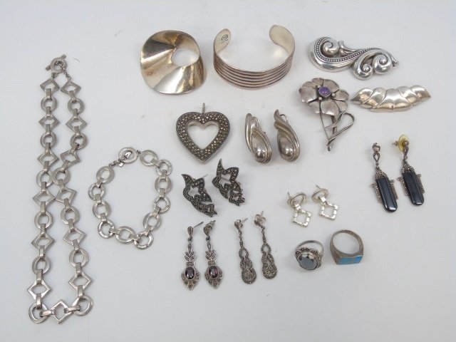 Collection of Antique & Vintage Sterling Jewelry: Collection of Antique & Vintage Sterling & Silver Tone Jewelry. Onyx, marcasite, turquoise, etc. Many marked for silver or maker, some unmarked. Various ages.