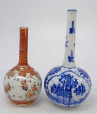 Japanese Kutani & Chinese Blue & White Vases: Japanese Kutani & Chinese Blue & White Vases. Hand painted. Kutani vase is signed. Taller measures 7.5 inches.