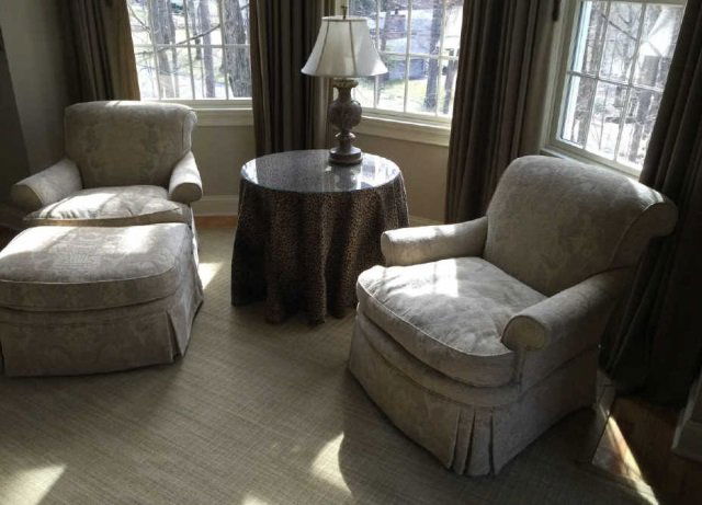 Pair Custom Made Contemporary Armchairs & Ottoman (1 of 4)