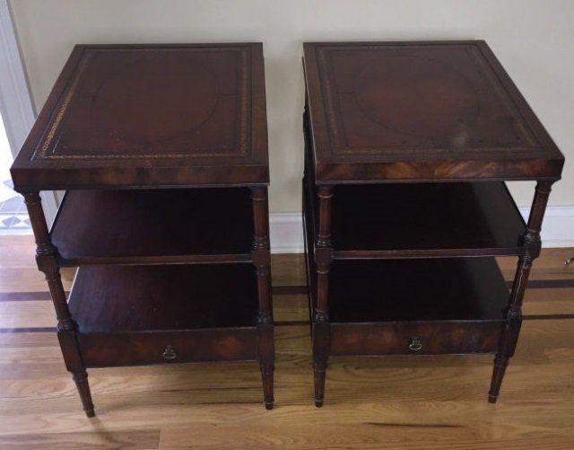 Pair Embossed Leather Mahogany Tone End Tables (1 of 4)