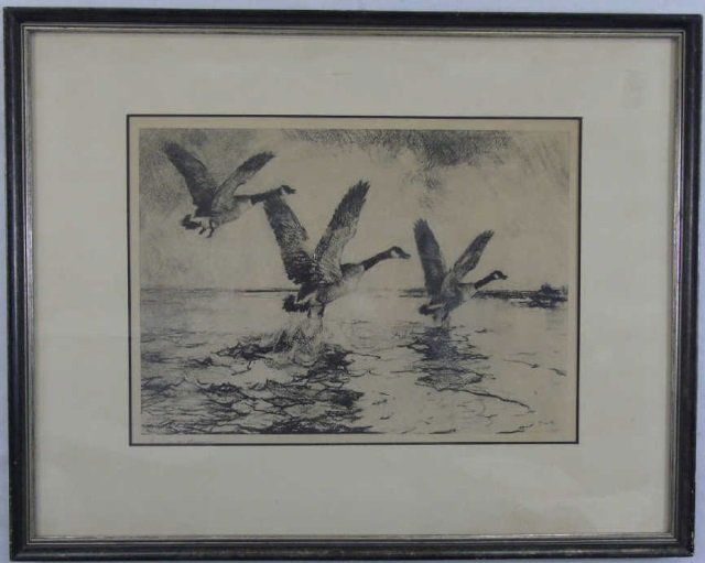 Frank Benson Antique Framed Canada Geese Engraving: Frank Benson Antique Framed Canada Geese Engraving. Pencil signed. Measures 25 by 20 inches.