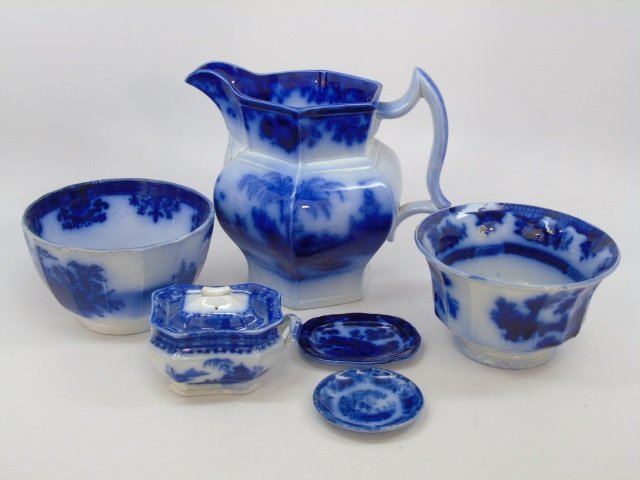 Antique Flow Blue Serving Items - Pitcher Bowl Etc (1 of 9)