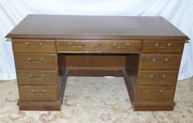 Vintage Wood Executive Desk w/ Locking Drawers: Vintage Wood Executive Desk w/ Locking Drawers. Measures 30 x 59 x 30 inches.