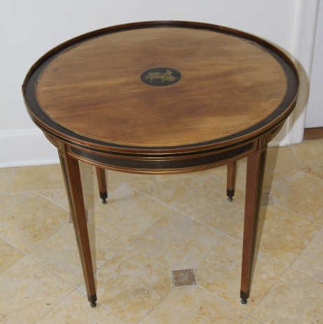 Antique 19th C Round Table w/ Brass Boulle Inlay: Antique round table with brass boulle work inlay. Horse and chariot on top. 28”h x 31” diameter.
