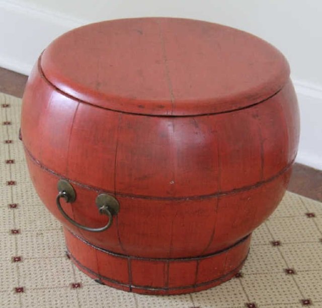 Antique Chinese Red Wooden Rice Basket w Lid (1 of 4)