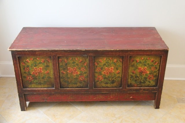 Antique Carved Red Painted Tibetan Chest (1 of 8)