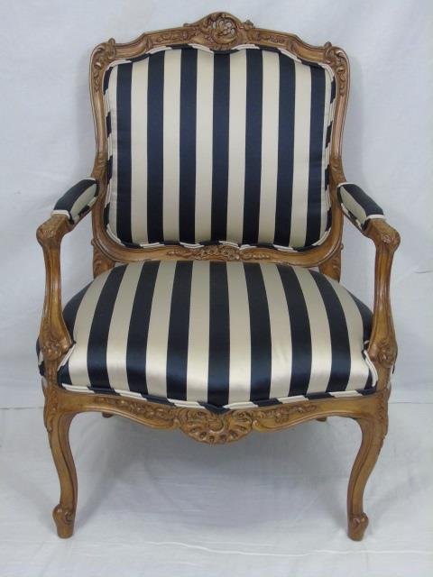 French Louis XV Wood Striped Upholstered Arm Chair (1 of 7)