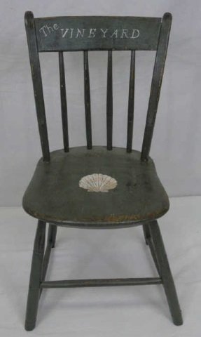 Vintage Painted Windsor "Vineyard" Chair: Vintage painted Windsor chair. Barrel back is painted in white "the Vineyard". Painted shell on seat. Legs have stretchers. 16 3/4" W x 16" D x 29 1/2" H.