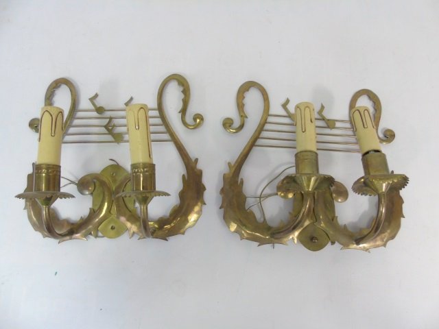 Pair of Vintage Brass Lyre Shaped Sconces (1 of 3)