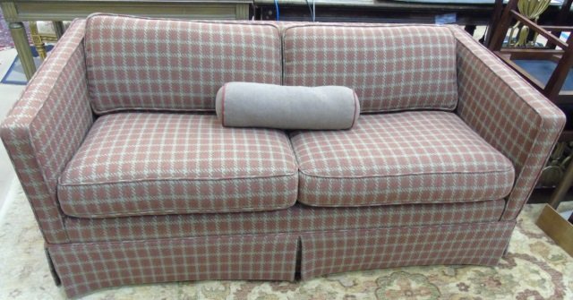 Red / Brown Wool Houndstooth Sleeper Sofa: Red / Brown Wool Houndstooth Sleeper Sofa. Two loose seat and back cushions. Track arm, skirted. 68" W x 34" D x 27" H. No mattress.
