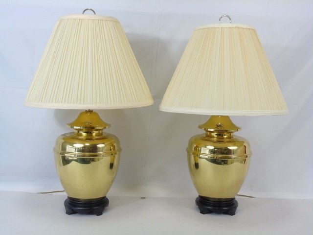 Pair of Brass Lamps w/ Wood Base Pleated Shades (1 of 4)