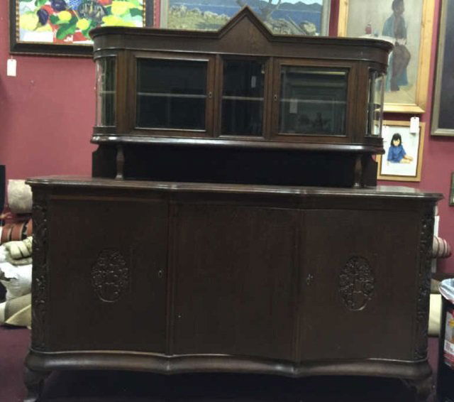 Large Antique German Carved Wood Buffet w/ Curio (1 of 7)
