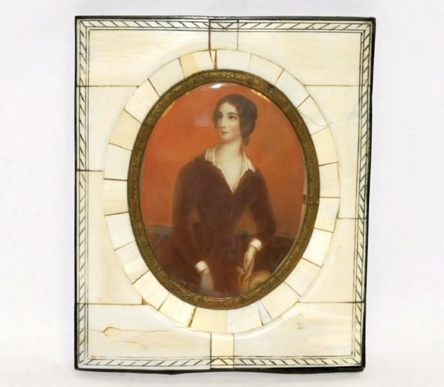 Antique Portrait Miniature Painting in Bone Frame: From the John Quincy Adams collection comes a fine framed Georgian portrait on wafer signed lower right side either "Kocai" or "Rocai". Basic research turned up one possible artist; a Hungarian portra