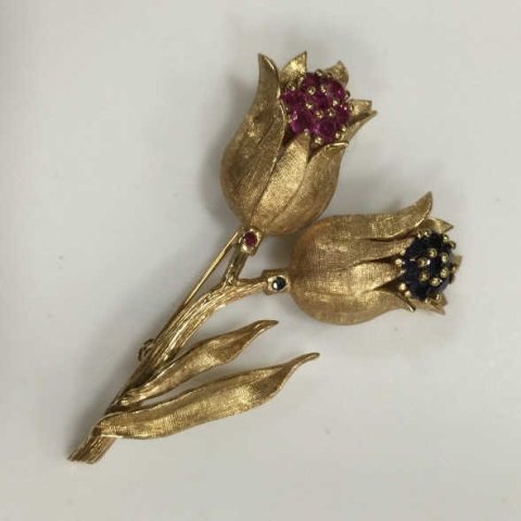 Estate 14kt Gold Ruby & Sapphire Tulip Brooch (1 of 6)