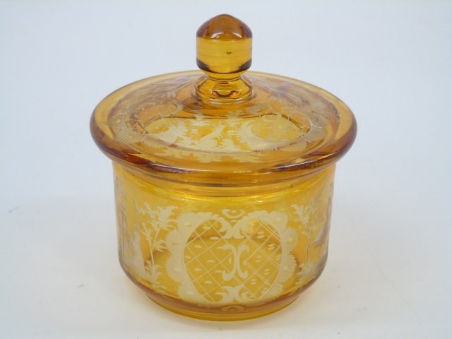 Antique Amber & Frost Bohemian Glass Dresser Box: Antique Amber & Frost Bohemian Glass Dresser Box. Cut with cartouches and animals. Measures 5 by 4.25 inches.