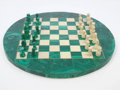 Antique Malachite & Marble Game / Chess Board: Antique malachite and marble game / chess board. Complete set with 32 pieces. 11 1/2" diameter.