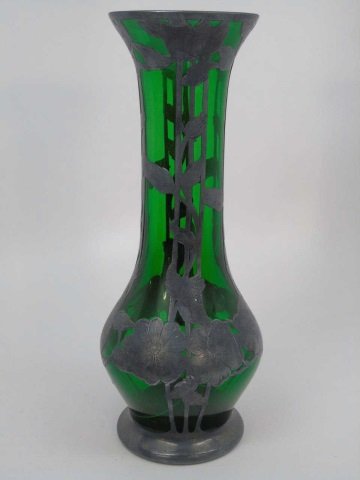 Large Antique Green Art Glass Silver Overlay Vase (1 of 5)