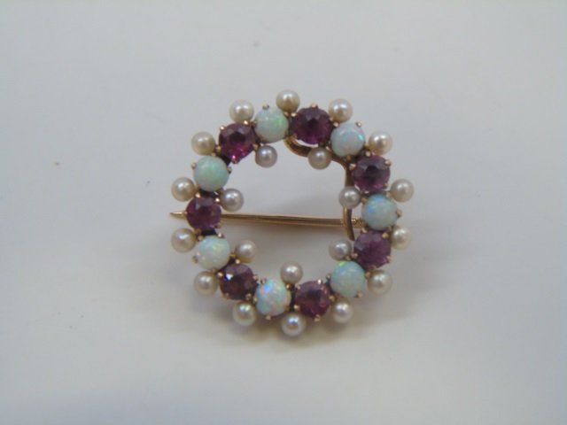 Antique Gold Seed Pearl & Opal Wreath Brooch Pin (1 of 3)