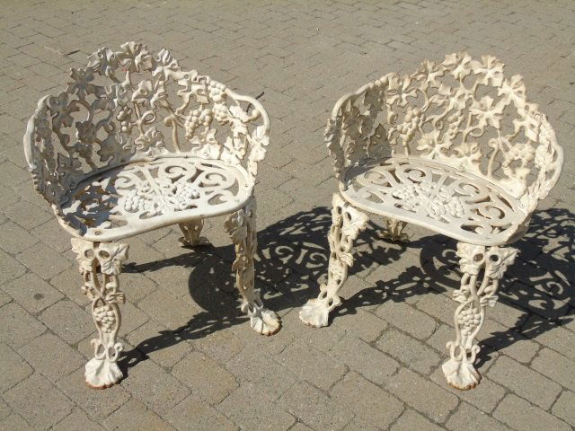 Pair Antique White Cast Iron Garden Patio Benches (1 of 6)