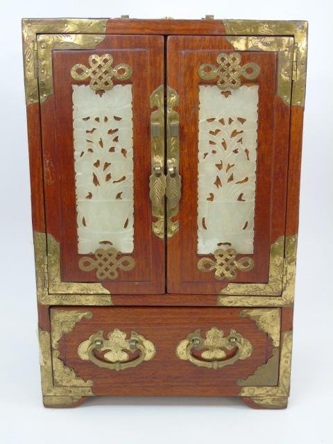 Vintage Chinese Style Jade & Wood Jewelry Box: Vintage Chinese Style Jade & Wood Jewelry Box. Mounted with carved jade and / or hardstone pieces. Measures 12 x 6 x 8 inches.