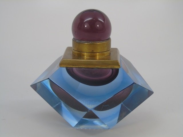 Large Antique Blue Glass & Brass Inkwell (1 of 3)
