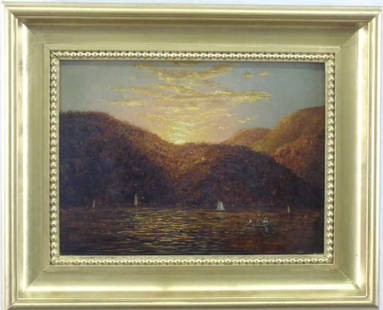 John Frederick Kensett - Lake George Oil Painting: John Frederick Kensett - Lake George Oil Painting on Board. Inscribed on verso J. F. Kensett Lake George Study. Label on back for F W Devoe Co. John Frederick Kensett (March 22, 1816 – December 14,
