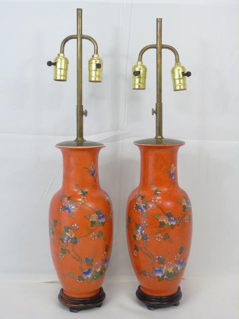 Pair of Hand Painted Chinese Vase Mount Lamps (1 of 5)