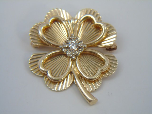 Estate 14kt & Diamond Four Leaf Clover Brooch Pin (1 of 3)