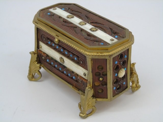 Antique 19th C Indo Persian Bone & Turquoise Box: Antique 19th C Indo Persian Bone & Turquoise Box. Gilt ormolu metal framed. Having carved wood panels and bone panels with small cabochon cut turquoise stones. Measures 3 x 5 x 3 inches.