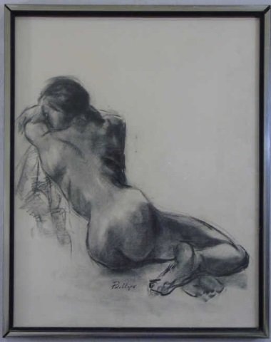 Charcoal Sketch of Nude Woman Signed Phillips: Charcoal Sketch of Nude Woman Signed Phillips, probably done Mid-Century. 25 1/2" H x 20" W.