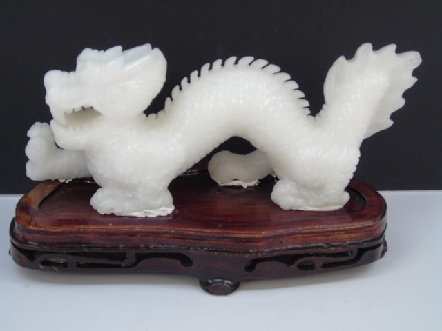 Chinese White Carved Jade Dragon on Stand (1 of 6)